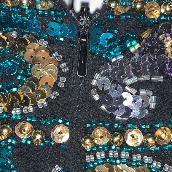 100% Silk SequinTop BlackTie Oleg Cassini Black Teal Purple Gold Sequins Beads - Picture 6 of 8